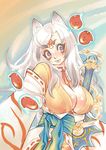  amaterasu animal_ears breasts cleavage japanese_clothes large_breasts makeup ookami_(game) personification purple_eyes silver_hair solo sword tattoo tsuutenkaaku weapon 