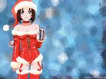  alcohol artist_request bare_shoulders beer blue_eyes breasts brown_hair budweiser choker christmas cleavage hat medium_breasts santa_costume santa_hat short_hair solo thighhighs tsujimoto_natsumi wallpaper you're_under_arrest 