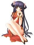  bare_shoulders black_hair blush brown_eyes carnelian china_dress chinese_clothes crossed_legs dress full_body highres kao_no_nai_tsuki kuraki_suzuna long_hair plantar_flexion sitting solo twintails yokozuwari 