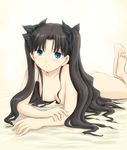  barefoot black_hair blue_eyes breasts fate/stay_night fate_(series) feet long_hair lying medium_breasts nipples nude on_stomach ryp solo toosaka_rin two_side_up 