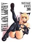  2008 animal_ears ass bandeau bangs bare_shoulders bell bell_collar black_bra black_legwear black_panties blonde_hair blue_eyes blunt_bangs blush bob_cut bra breasts cameltoe cat_ears cat_tail cleavage cleavage_cutout collar elbow_gloves finger_to_mouth fingerless_gloves full_body gloves high_heels jingle_bell kanesada_keishi leg_up legs lingerie looking_at_viewer lying medium_breasts nail_polish new_year original panties pink_nails reclining shadow shiny shiny_clothes shoes short_hair simple_background solo strap strapless strapless_bra tail thighhighs underwear underwear_only 