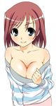  bare_shoulders blue_eyes breasts brown_hair cleavage collarbone jpeg_artifacts large_breasts looking_at_viewer no_bra non-web_source off_shoulder red_hair reona_(to_heart_2) short_hair simple_background smile solo to_heart_2 unagimaru undressing 