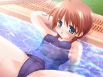  afloat ahoge bandaid bandaid_on_arm blue_eyes blush braid breasts brown_hair covered_nipples crotch drain_(object) dutch_angle game_cg green_eyes itaike_na_kanojo medium_breasts nanase_honoka one-piece_swimsuit ooshima_toshihiko open_mouth pool purple_school_swimsuit school_swimsuit short_hair solo spread_legs swimsuit tears twin_braids wading water wet 