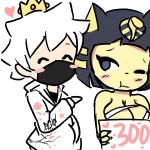  &lt;3 :t absurd_res animal_crossing ankha_(animal_crossing) anthro bandanna big_breasts black_hair blue_eyes blush blush_stickers breasts cleavage clothed clothing compression_artifacts crown domestic_cat embarrassed eyes_closed felid feline felis female fur hair happy hi_res holding_object human male mammal nintendo one_eye_closed short_hair sign simple_background sketch tanuk_kun video_games villager_(animal_crossing) white_background white_hair yellow_fur 