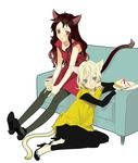  animal_ears blonde_hair blue_eyes brown_hair cake cat_ears cat_tail chin_rest couch dress food high_heels ie_(mochi) leggings long_hair long_legs multiple_girls original pantyhose pastry pinafore_dress reclining red_eyes shoes simple_background sitting tail 