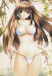  am-dvl android bikini breasts brown_hair cleavage green_eyes large_breasts long_hair robot_ears serio side-tie_bikini solo swimsuit to_heart undressing water 