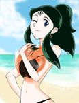  black_hair blue_eyes breasts giant_robo ginrei_(giant_robo) green_hair large_breasts long_hair official_art scan solo swimsuit 