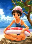  1girl :d barefoot beach black_hair blue_swimsuit brown_eyes cloud competition_school_swimsuit full_body goto_p highres indian_style innertube jpeg_artifacts looking_at_viewer mizugi mountain ocean one-piece_swimsuit open_mouth outdoors plaid rock short_hair sitting sitting_on_rock sky smile solo swim_cap swimsuit tan tanline tree water 