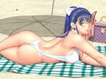  1girl 3d :d armpits ass back bag bangs beach blue_eyes blue_hair blush bow breasts checkered earrings erect_nipples game_cg hair_bow jewelry large_breasts lipstick long_hair looking_at_viewer looking_back lying makeup mifune_nagisa on_stomach one-piece_swimsuit one-piece_thong open_mouth outdoors parasol plaid ponytail profile sand shadow sideboob sister_mermaid sling_bikini smile solo swimsuit towel tsukasa_jun umbrella underboob white_swimsuit 