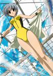  2001 artist_request brown_eyes competition_swimsuit day gokajou_satsuki happy_lesson highres one-piece_swimsuit short_hair silver_hair sky solo swimsuit towel wristband yellow_swimsuit 