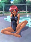  barefoot blue_eyes chain-link_fence competition_swimsuit copyright_request dark_skin feet fence goggles ishii_akira one-piece_swimsuit pool red_hair sitting solo starting_block swimsuit tree water wet 