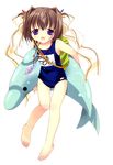  1girl barefoot binzume_yousei bottle_fairy crayon dolphin feet jpeg_artifacts mizugi name_tag one-piece_swimsuit purple_eyes school_swimsuit solo swimsuit tamachan tokumi_yuiko 