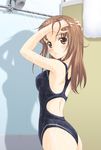  ass blush brown_eyes brown_hair competition_swimsuit cropped flat_ass kawada_tomoko kimi_kiss long_hair looking_at_viewer masakichi_(crossroad) one-piece_swimsuit shadow showering solo standing swimsuit wet 