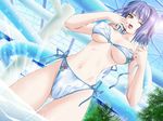  1girl areola_slip areolae artist_request bikini blue_hair breasts character_request gluteal_fold large_breasts mizugi navel open_mouth side-tie_bikini solo source_request standing swimsuit water yellow_eyes 