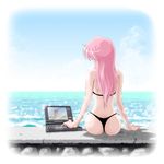  ass bikini computer kuninin laptop ocean pink_hair sky swimsuit thong water 