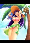  bikini breasts cleavage day fate/stay_night fate_(series) green_sarong hat large_breasts lens_flare letterboxed long_hair matou_sakura open_mouth palm_tree pink_bikini purple_hair r-gray sarong smile solo straw_hat swimsuit tree underboob 