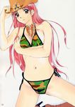 1girl bikini camouflage camouflage_bikini hat highres long_hair mizugi pink_hair polorinken scan solo swimsuit 