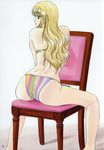  1girl bikini blonde_hair from_behind highres long_hair mizugi polorinken scan sitting solo swimsuit vertical-striped_bikini 