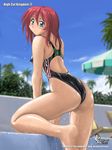  ass back barefoot blue_eyes blush breasts competition_swimsuit covered_nipples high_cut_kingdom highleg highleg_swimsuit looking_back medium_breasts murasaki_nyaa one-piece_swimsuit red_hair solo swimsuit wet 