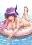  1girl afloat alternate_costume ass ayane_(doa) bangs bikini bow breasts chin_rest cleavage dead_or_alive full_body goto_p hair_ribbon hand_on_own_face hands headband innertube large_breasts legs_up light_smile lying mizugi on_stomach outdoors purple_hair red_eyes ribbon sandals short_hair side-tie_bikini smile solo string_bikini swimsuit water white_bikini white_swimsuit wrist_ribbon 