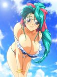  artist_request bent_over bikini blue_bikini blue_eyes blue_sky blush bracelet breast_squeeze breasts cleavage closed_mouth cloud collarbone cowboy_shot day earrings frilled_bikini frills glasses green_hair grey-framed_eyewear hair_ribbon hands_on_own_knees high_ponytail hoop_earrings huge_breasts jewelry kaneko_hiraku leaning_forward lens_flare light_smile long_hair long_ponytail lovers official_art over-rim_eyewear ponytail red_ribbon reference_work ribbon sakura_mayumi semi-rimless_eyewear shiny shiny_hair shiny_skin sidelocks skindentation sky solo strap_gap strap_slip sun swimsuit v_arms wavy_hair 