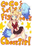  animal_ears barefoot blonde_hair blue_eyes cheerleader copyright_request hamamoto_ryuusuke kneeling long_hair pom_poms skirt solo 