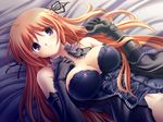  bed blush breasts cleavage corset dutch_angle elbow_gloves game_cg gloves large_breasts long_hair lying natural_another_one_2nd_belladonna on_back orange_hair purple_eyes solo tsurugi_hagane yachigusa_itsuki 
