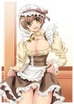  apron ass_visible_through_thighs breasts brown_eyes brown_hair bursting_breasts cleavage cowboy_shot hat huge_breasts juliet_sleeves long_sleeves mob_cap open_mouth original panties pantyshot puffy_sleeves shiruko short_hair skirt skirt_lift solo underwear waist_apron waitress 