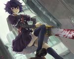  black_lagoon blood chainsaw kayou_(kayou-bi) neck_scar panties pantyshot purple_eyes purple_hair sawyer_the_cleaner scar short_hair skirt solo striped thighhighs underwear 