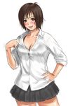  axe_metal bad_id bad_pixiv_id blush breasts brown_eyes brown_hair cleavage copyright_request hand_on_hip medium_breasts pleated_skirt school_uniform short_hair simple_background skirt sleeves_rolled_up solo sweat white_background 