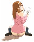  ass bare_shoulders bottomless brown_hair censored fake_censor francine_(daijaemon) kneehighs letter original pee peeing shirt shoes sitting socks solo tears 