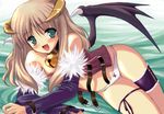  blonde_hair blush demon demon_girl fang garters green_eyes horns kyougoku_shin long_hair open_mouth panties ragnarok_online solo succubus_(ragnarok_online) underwear wings 