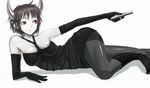  bad_id bad_pixiv_id bare_shoulders beni-syoga black_hair controller elbow_gloves gloves horns lying original pale_skin pantyhose pointy_ears red_eyes remote_control short_hair socks solo 