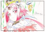  1girl bamboo bangs benienma_(fate/grand_order) bow commentary_request fate/grand_order fate_(series) feather_trim hair_bow hair_ornament hat looking_at_viewer low_ponytail parted_bangs pink_hair red_eyes sidelocks sketch solo torichamaru translation_request twitter_username upper_body 