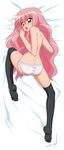  absurdres bed black_legwear blush butt_crack dakimakura dimples_of_venus full_body highres huge_filesize incredibly_absurdres long_hair louise_francoise_le_blanc_de_la_valliere non-web_source panties pink_eyes pink_hair solo sugimura_tomokazu tears thighhighs topless underwear underwear_only white_panties zero_no_tsukaima 