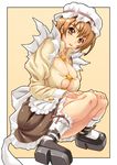  black_footwear breasts brown_eyes brown_hair bursting_breasts frame hands_on_legs hat large_breasts long_sleeves looking_at_viewer maid mob_cap open_mouth original platform_footwear shiruko short_hair skirt sleeve_cuffs solo squatting white_legwear 