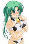  animal_print bell blush breasts cleavage cow_print green_eyes green_hair higurashi_no_naku_koro_ni large_breasts long_hair ponytail solo sonozaki_mion suda_(yuunagi_enikki) 