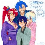  2girls animal animal_between_breasts between_breasts boota breasts hikiya japanese_clothes kamina kimono multiple_boys multiple_girls nia_teppelin simon tengen_toppa_gurren_lagann yoko_littner 