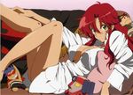  :/ artist_request bare_legs breasts character_doll cleavage doll feet_out_of_frame hair_down highres kamina lagann large_breasts legs long_hair open_clothes open_shirt pillow red_hair scan shirt simon solo tengen_toppa_gurren_lagann yellow_eyes yoko_littner 