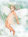  angel angel_wings barefoot bracelet brown_eyes cloud copyright_request cross feet flat_chest flying garex halo jewelry latin_cross necklace short_hair smile solo wings 