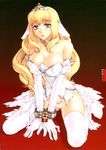  bare_shoulders bdsm blonde_hair blue_eyes bondage bound breasts bride choker cleavage copyright_request cuffs dress elbow_gloves g-string gloves handcuffs highres kanesada_keishi large_breasts long_hair non-web_source panties slave solo source_request thighhighs thong torn_clothes underwear wedding_dress 