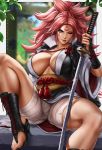  1girl amputee arm_guards baiken bandage big_hair black_footwear black_jacket black_kimono blurry blurry_background breasts cleavage dandon_fuga erect_nipples facial_tattoo guilty_gear guilty_gear_xrd highres holding holding_sword holding_weapon jacket jacket_on_shoulders japanese_clothes kataginu katana kimono large_breasts leaf long_hair looking_at_viewer multicolored multicolored_clothes multicolored_kimono obi one-eyed one_eye_closed open_clothes open_kimono pink_hair pinup ponytail red_eyes rope sandals sash scar scar_across_eye sitting smirk sword tattoo thighs weapon white_kimono wide_sleeves 