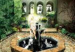  angel barefoot bell bench bird bird_on_hand blonde_hair breasts brick chemise church_bell fountain garden glowing indoors light lips medium_breasts mugon original plant potted_plant reflection ripples scenery see-through sitting solo tree water wet wet_clothes 