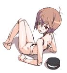  arm_support brown_hair doll_joints hat hat_removed headwear_removed heterochromia looking_at_viewer looking_back lowres lying nude oekaki on_back open_mouth rozen_maiden short_hair solo souseiseki unpokotan 