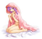  barefoot bed blanket braid curse_maker embarrassed feet kasuga_yukihito naked_sheet nude sekaiju_no_meikyuu sitting solo toe_scrunch twin_braids wariza 