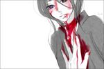  androgynous black_border black_hair bleach blood blood_from_mouth blood_on_face bloody_clothes border closed_mouth expressionless eyes_visible_through_hair fuyuo hair_between_eyes hand_on_another's_chest kuchiki_rukia lips pale_skin purple_eyes short_hair simple_background solo_focus upper_body white_background 