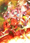  blue_eyes fiery_hair fujishima-sei_ichi-gou mecha molten_rock original pink_hair short_hair solo sun thighhighs 