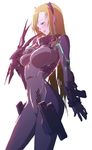  :p ;p android armor blush bodysuit breast_squeeze breasts brown_hair claws cyborg due_(nanoha) green_eyes gun hair_ornament highres i-iv_(longman) large_breasts long_hair lyrical_nanoha mahou_shoujo_lyrical_nanoha_strikers numbers_(nanoha) one_eye_closed simple_background skin_tight solo tongue tongue_out weapon 