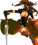  boots breasts copyright_request deri elbow_gloves gloves medium_breasts nipples ponytail ribbon solo sword topless weapon 