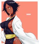  black_hair bleach bleach:_turn_back_the_pendulum breasts dark_skin hanzaki_jirou haori japanese_clothes large_breasts shihouin_yoruichi short_hair sideboob solo taichou_haori yellow_eyes 